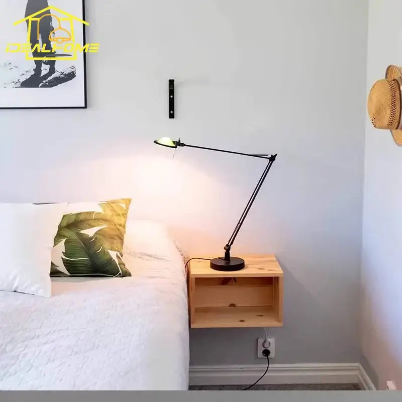 Industrial black and chrome rocker arm desk light with adjustable arm on floating wooden nightstand decorbites industrial black desk light