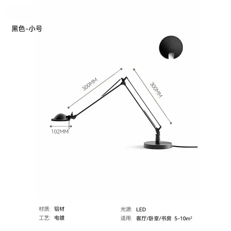Industrial black & chrome rocker arm desk light in black matte aluminum with led lighting for office task use