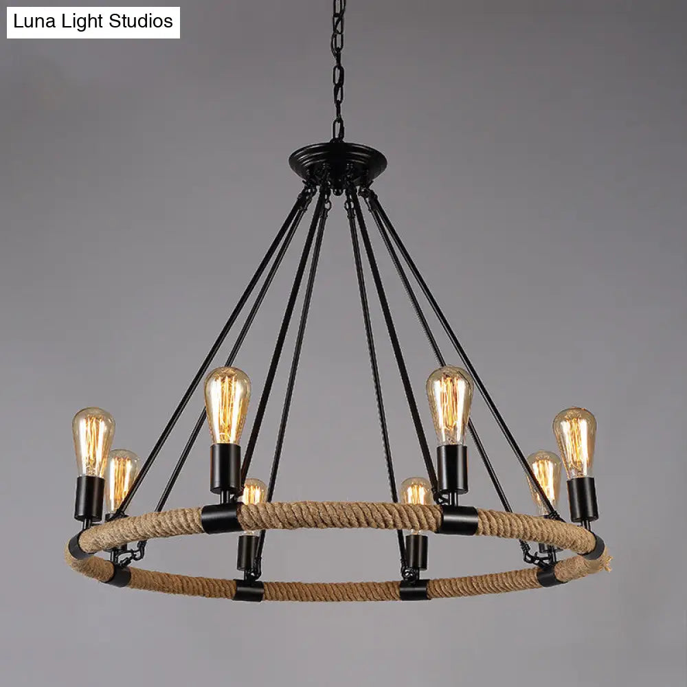 Industrial Black Circle Iron Ceiling Light with Hemp Rope - Ideal for Restaurants