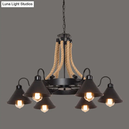 Industrial Black Circle Iron Ceiling Light with Hemp Rope - Ideal for Restaurants