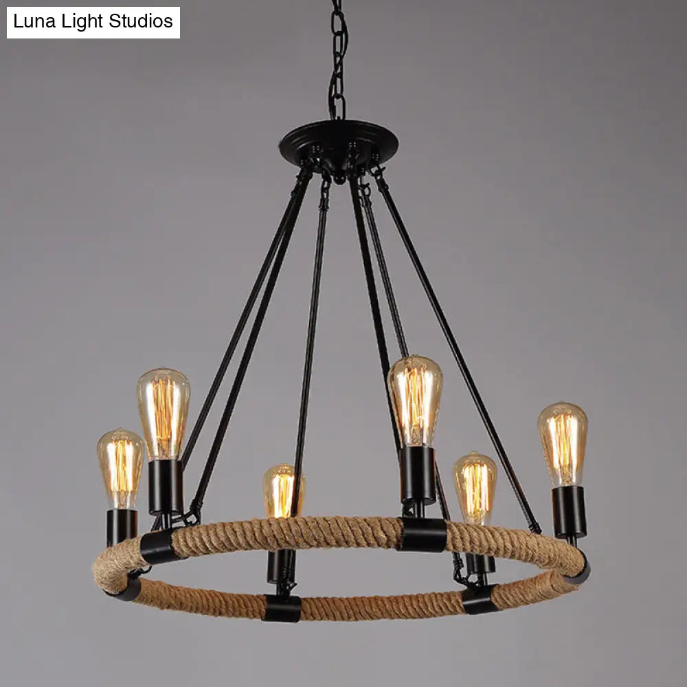 Industrial Black Circle Iron Ceiling Light with Hemp Rope - Ideal for Restaurants