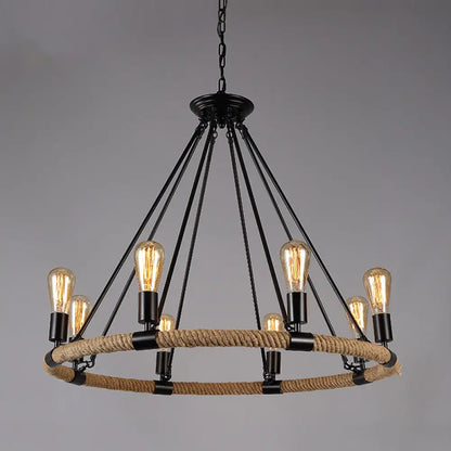 Industrial Black Circle Iron Ceiling Light with Hemp Rope - Ideal for Restaurants