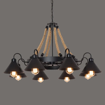 Industrial Black Circle Iron Ceiling Light with Hemp Rope - Ideal for Restaurants