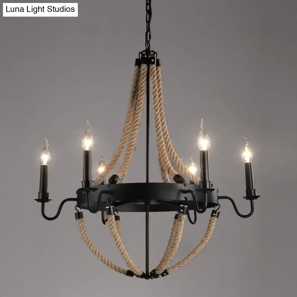 Industrial Black Circle Iron Ceiling Light with Hemp Rope - Ideal for Restaurants