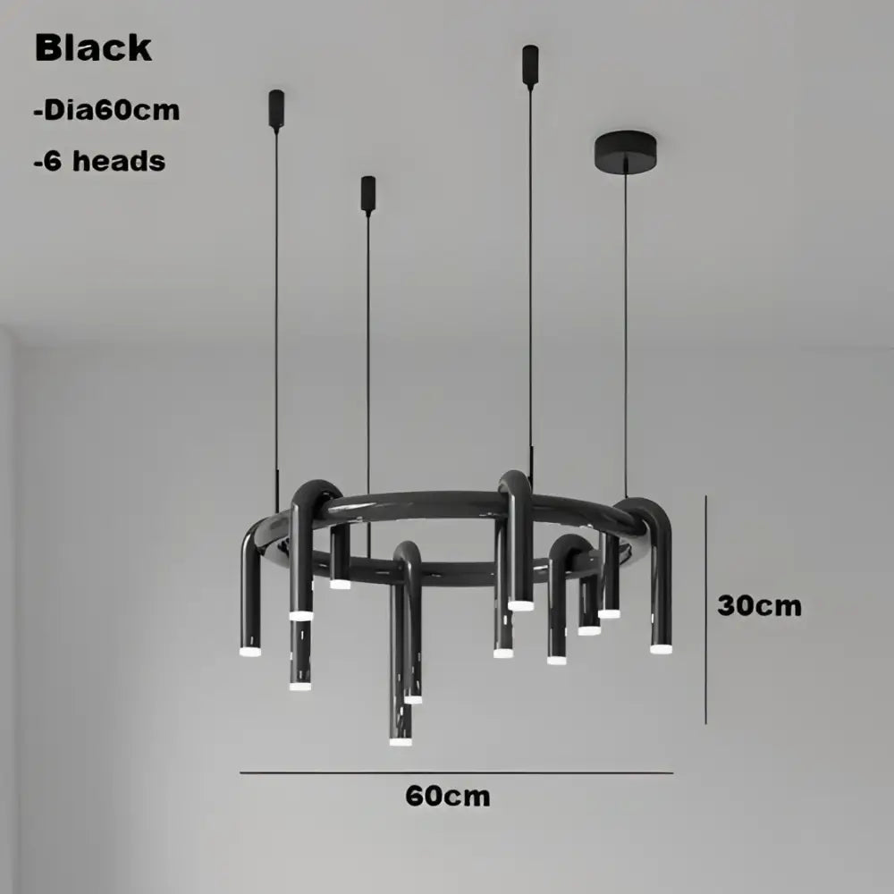 Black modern industrial pendant lights with six illuminated heads in a decorbites circular ring pendant chandelier
