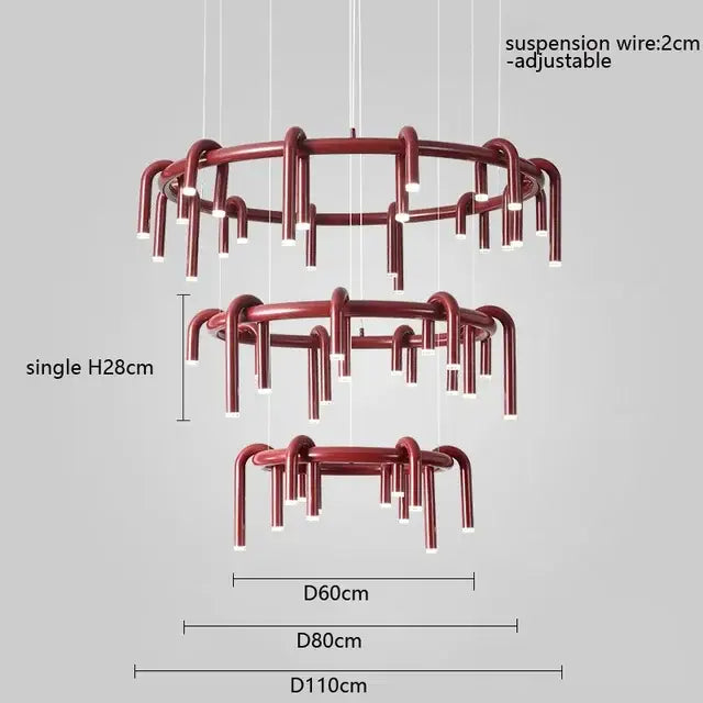 Industrial black circular ring pendant lights featuring a three-tier burgundy metal design with embedded led lights