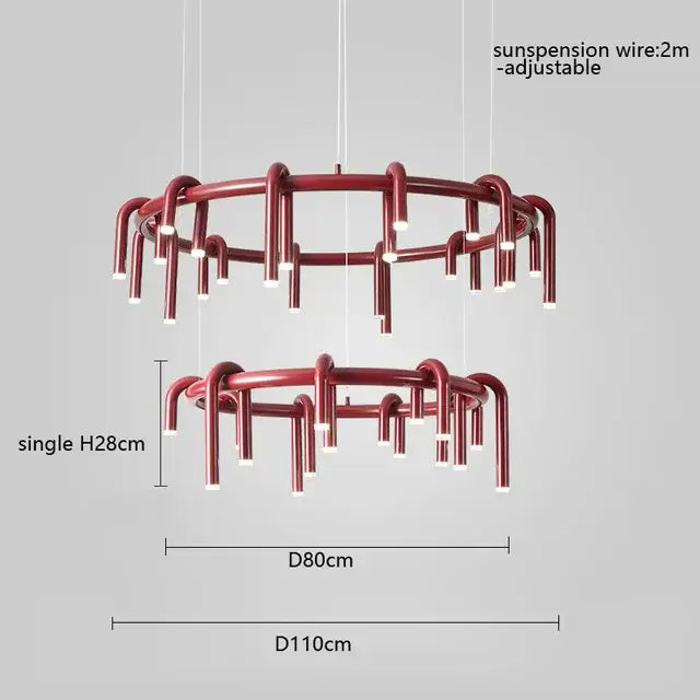 Modern red metal chandelier with circular tiered design and multiple vertical arms for pendant lights decorbites circular ring
