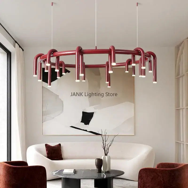 Industrial black circular ring pendant lights with bold red finish and curved metallic arms for dining room decorbites circular ring pendant