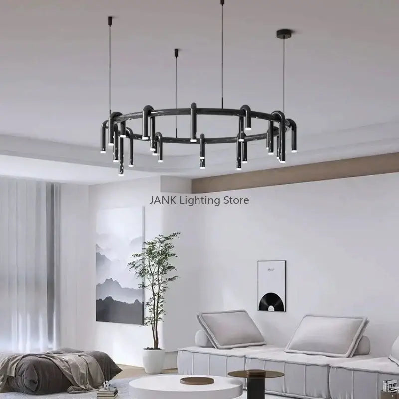 Black industrial circular ring pendant chandelier with multiple vertical lights for dining room decorbites pendant lights