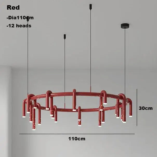 Vibrant red decorbites circular ring pendant chandelier with 12 illuminated heads and modern industrial design
