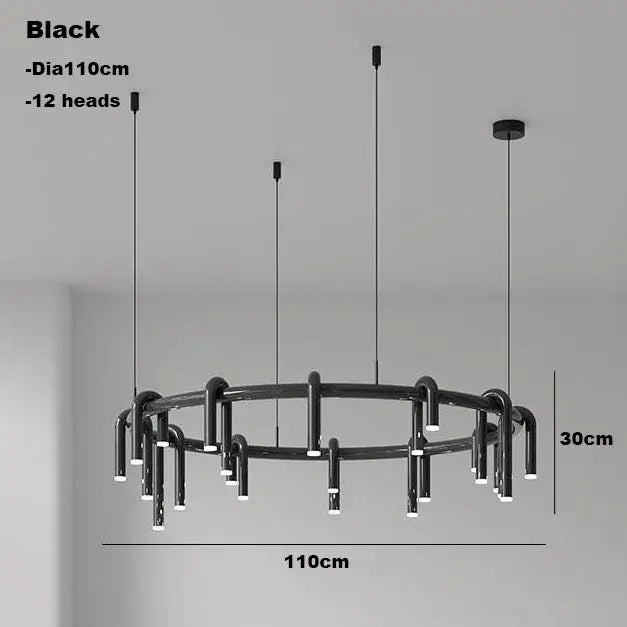 Black circular ring pendant light with 12 illuminated heads and sleek modern design for dining room decorbites pendant lights