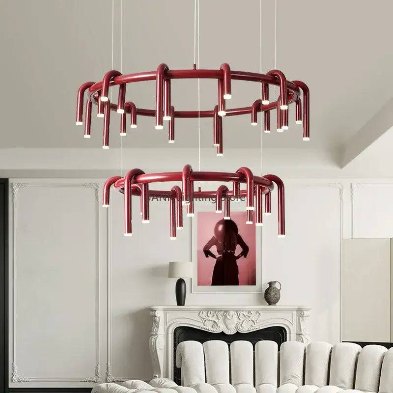 Two-tiered red circular ring pendant light with curved metallic arms and embedded LED lights for dining room decorbites circular ring pendant