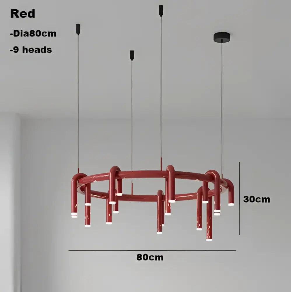 Industrial black circular ring pendant lights featuring a red circular chandelier with nine illuminated heads for dining room decorbites circular ring pendant