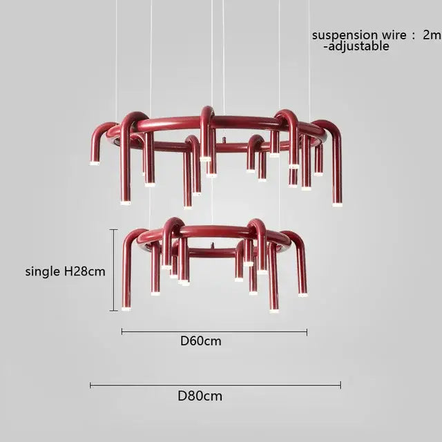 Red metallic double-tiered pendant lights with curved pipe arms and integrated led lights for dining room decorbites circular ring pendant