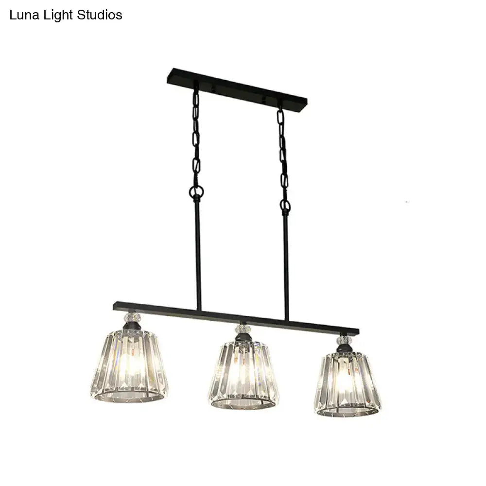 Industrial black metal pendant light with three cone cylinder clear crystal glass shades for dining room use