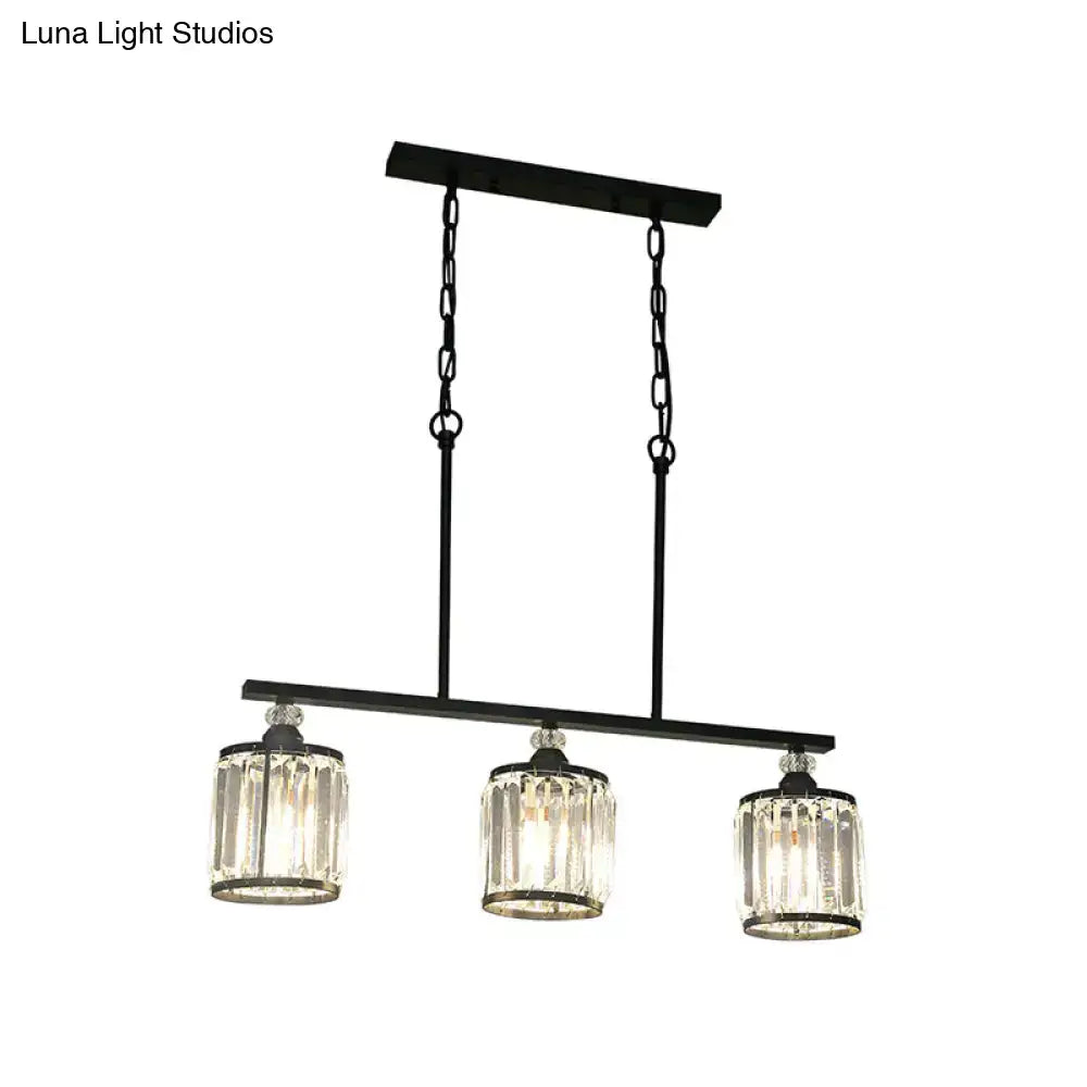 Black metal pendant light with three clear crystal cone cylinder shades for dining room illumination