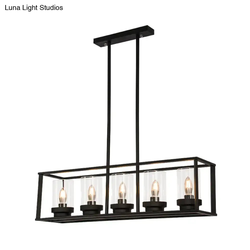 Black metal rectangular chandelier with five clear glass cylinders for kitchen island lighting by DecorBites