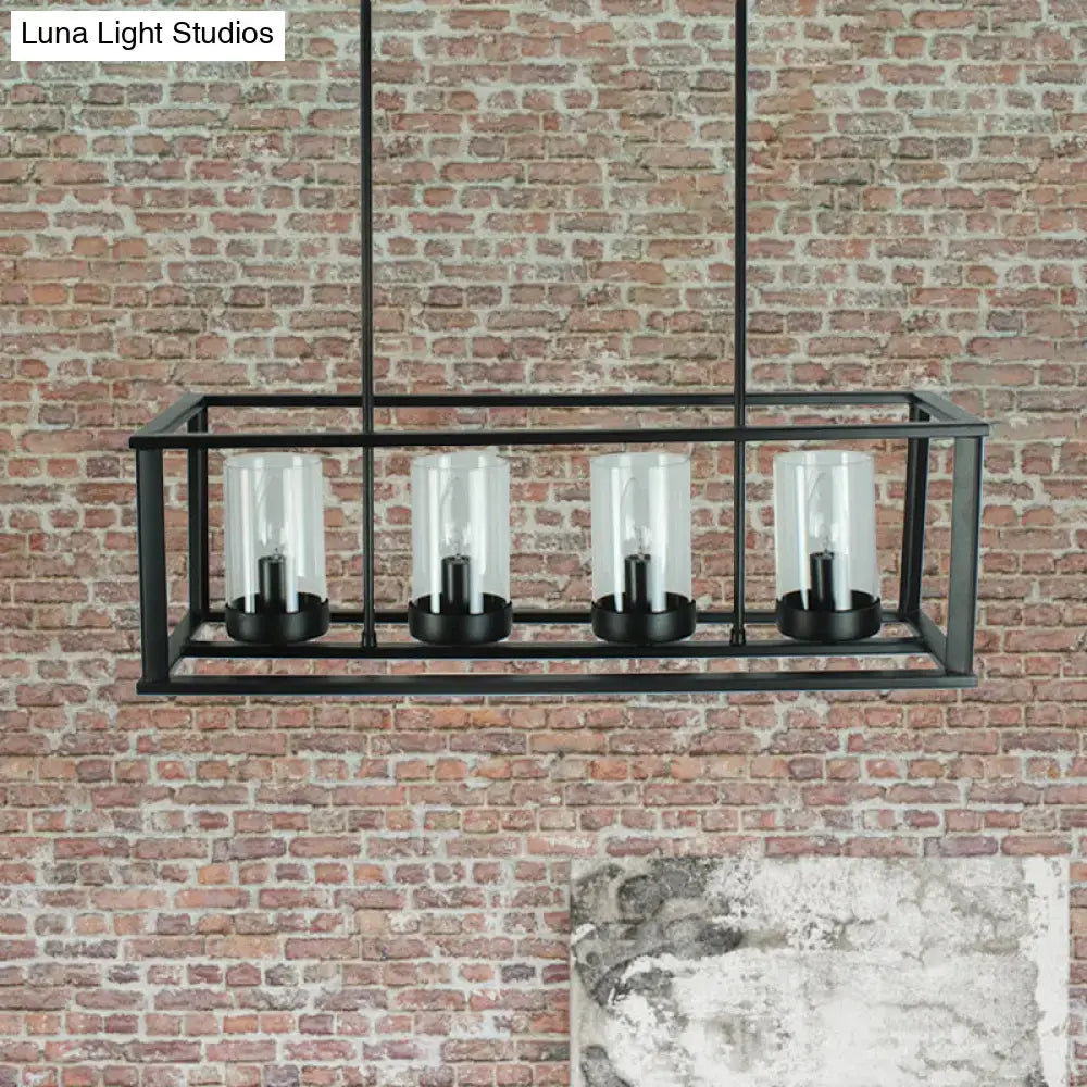 Black metal rectangular pendant light with four clear glass cylinders for kitchen island lighting