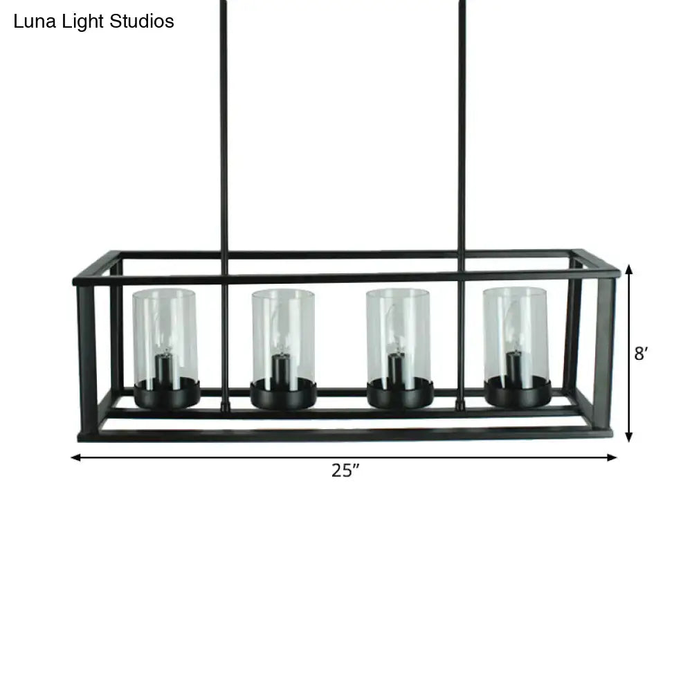 Black metal rectangular pendant light with four clear glass cylinders for kitchen island illumination