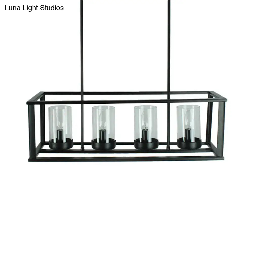 Black metal rectangular pendant light with four clear glass cylinders for kitchen island illumination
