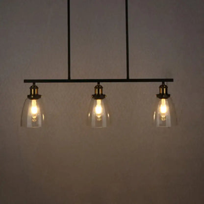 DecorBites industrial pendant light with black metal bar, clear glass cone shades, brass fixtures for dining room 110v-120v