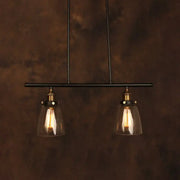 Industrial clear glass pendant light with two exposed filament bulbs and black metal rods for dining room island 110v-120v