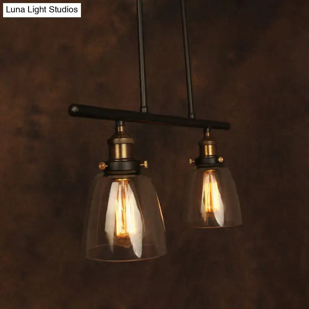 Decorbites™ industrial clear glass pendant light with two cone shades brass accents black rods 110v-120v for dining room island