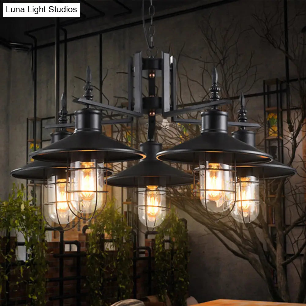 Industrial Black Cone Chandelier - 5-Light Clear Glass Pendant Light Fixture with Iron Cage for Dining Room