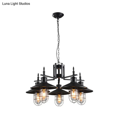 Industrial Black Cone Chandelier - 5-Light Clear Glass Pendant Light Fixture with Iron Cage for Dining Room