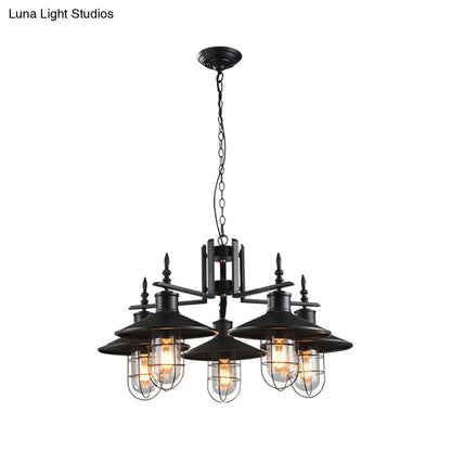 Industrial Black Cone Chandelier - 5-Light Clear Glass Pendant Light Fixture with Iron Cage for Dining Room