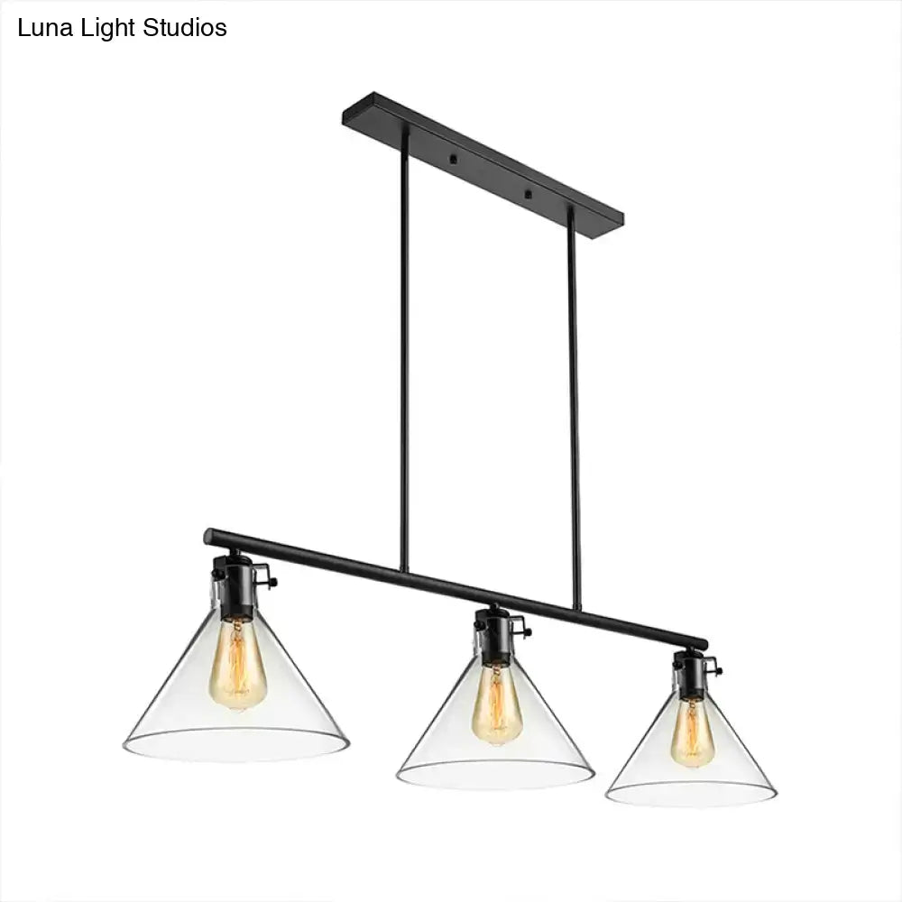 Black metal industrial cone clear glass island lamp with three exposed filament bulbs for dining table lighting