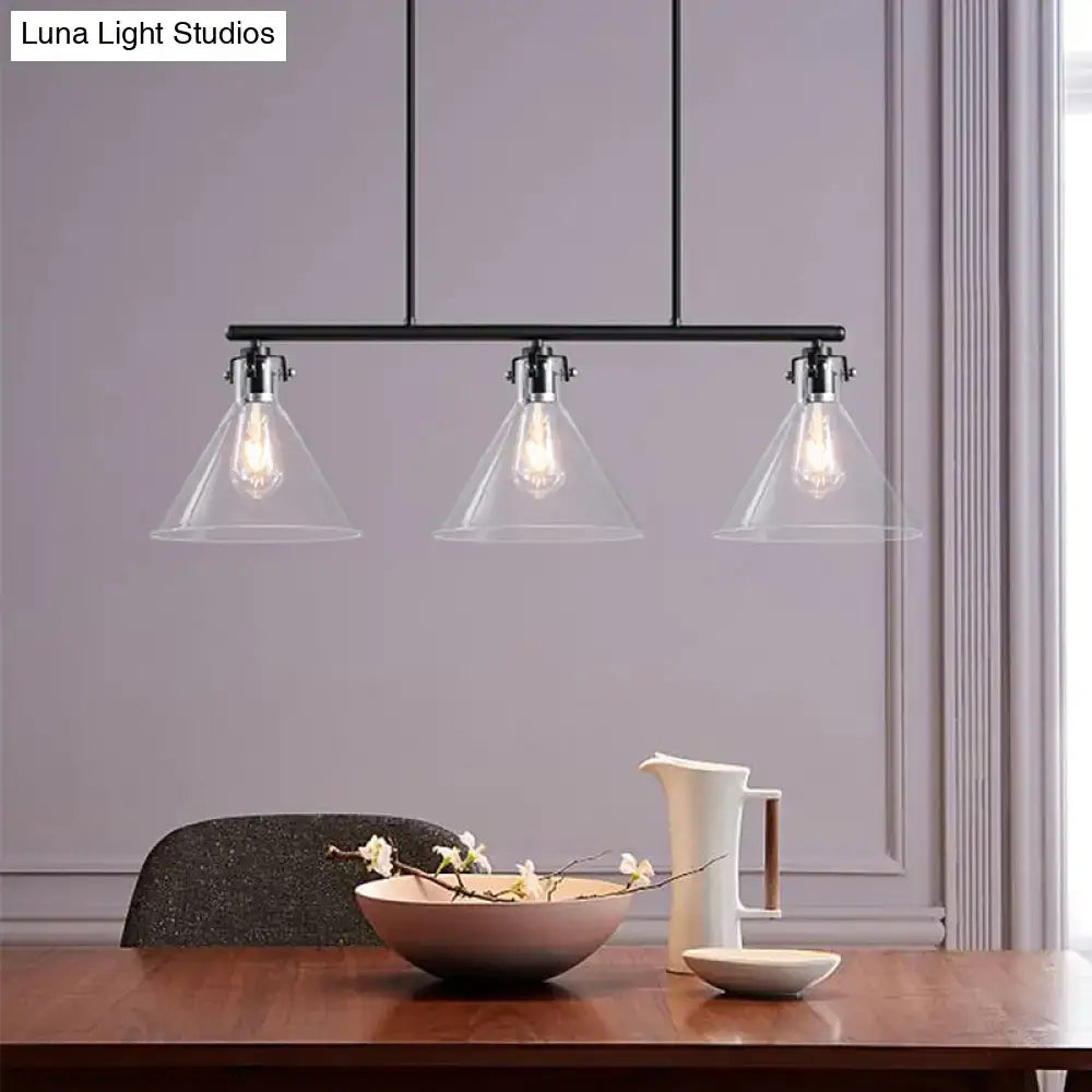 Black metal DecorBites™ industrial cone clear island lamp with three cone clear glass shades for dining table lighting