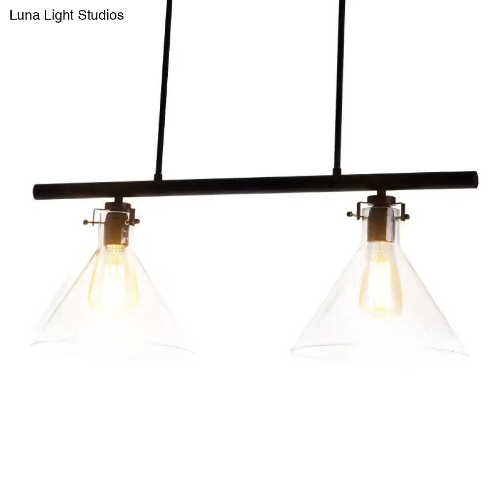 Black metal industrial cone clear glass island lamp with two conical shades and exposed filament bulbs for dining table