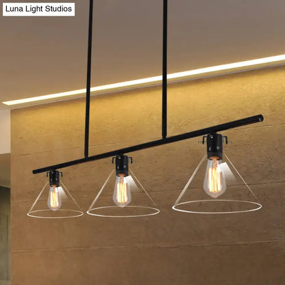 Decorbites™ industrial cone clear glass island lamp in black with three exposed filament bulbs for dining table lighting