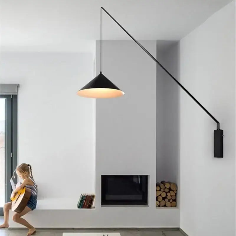 Black conical industrial fishing sconce with slender articulated arm wall-mounted for kitchen decorbites industrial use