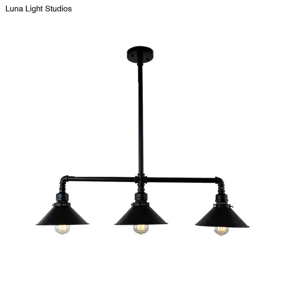 Black industrial-style pendant light with three exposed edison bulbs and conical shades for dining room island 220v-240v 110v-120v