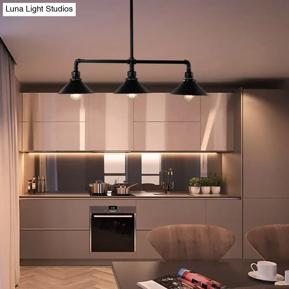 Industrial black conical island dining room pendant light with three exposed bulbs and pipe-like arm 220v-240v 110v-120v