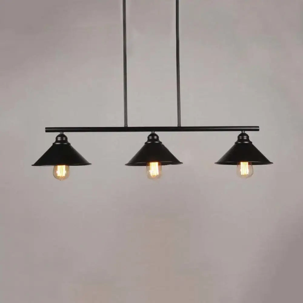 Black metal DecorBites™ retro loft island pendant light fixture with three conical shades for kitchen ceiling lighting