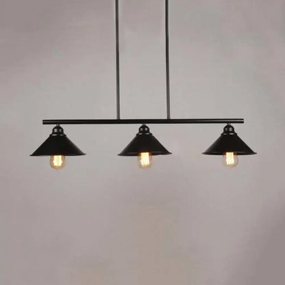 Black metal DecorBites™ retro loft island pendant light fixture with three conical shades for kitchen ceiling lighting