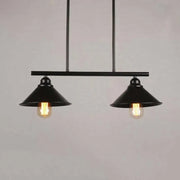 Black DecorBites™ retro loft metal island pendant light fixture with two conical shades and exposed filament bulbs