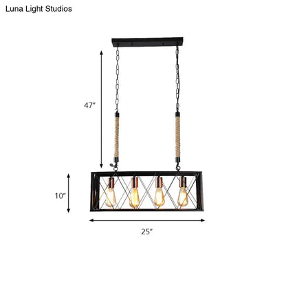 Black metal rectangular pendant light with four exposed Edison bulbs and rope-wrapped chains ideal for living room inch fixture