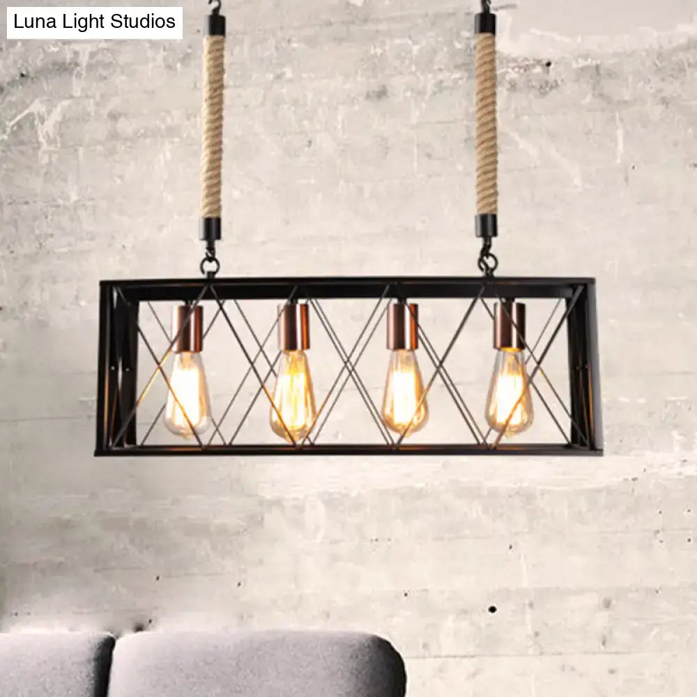 DecorBites X-Cage shade vintage industrial black metal pendant light with copper accents and four bulbs for living room