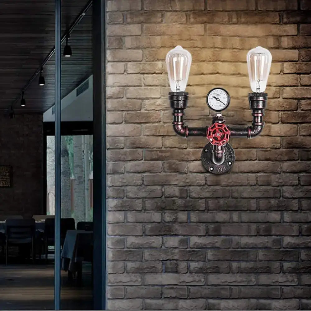 Industrial black and copper steampunk wall sconces with two exposed filament bulbs and red valve handle for bathroom decorbites wall lamps