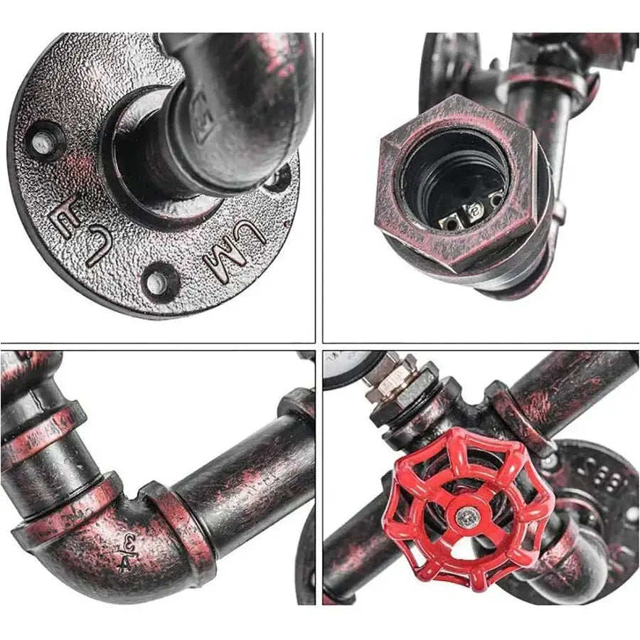 Industrial black and copper wall sconces with distressed metal finish and red valve handle for bathroom decorbites wall lamps