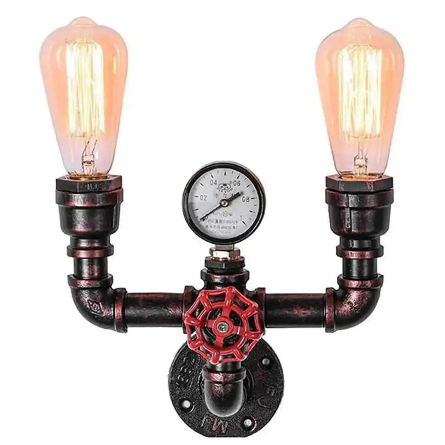 Industrial black and copper steampunk wall sconces with glowing amber filament bulbs and dark rusted metal pipes for bathroom decorbites copper wall lamps