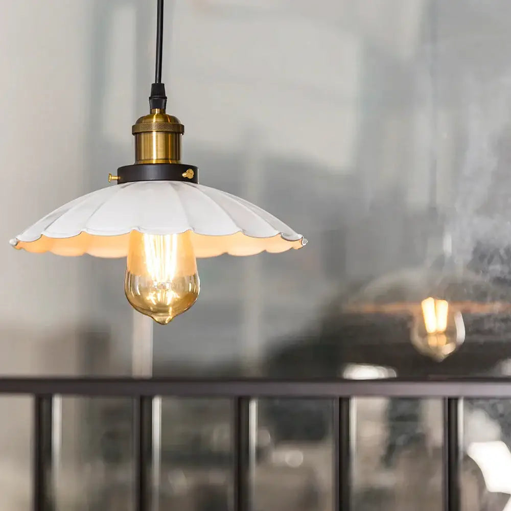 White scalloped-edge pendant light with brass fixture and exposed filament bulb for decorbites copper vintage style