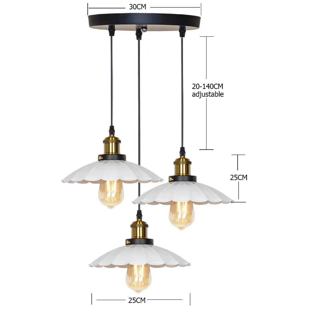 Three-light pendant light with black metal frame brass accents and white scalloped glass shades for kitchen decorbites copper vintage style