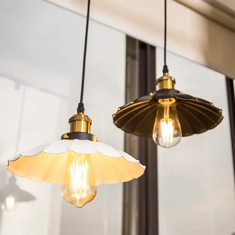 Two vintage-style pendant lights with brass fixtures and scalloped glass shades in white and dark brown for kitchen decorbites copper vintage