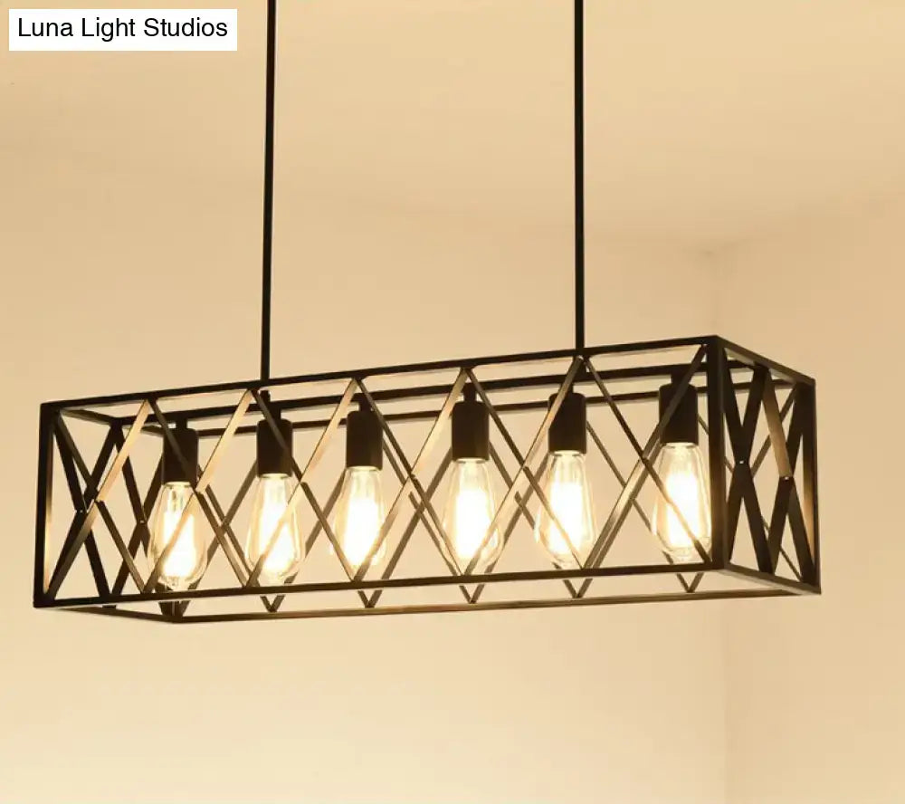 Black metal cross framed pendant ceiling light with five exposed edison bulbs for dining table illumination