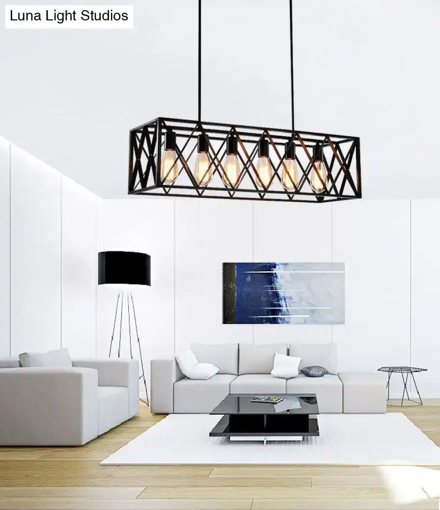 Black industrial cross framed ceiling light with exposed filament bulbs for dining table pendant illumination